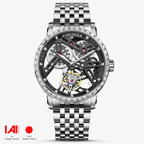 Agelocer Free-Sprung diamond tourbillon watch, black skeleton dial, diamond bezel, steel case, steel bracelet, front