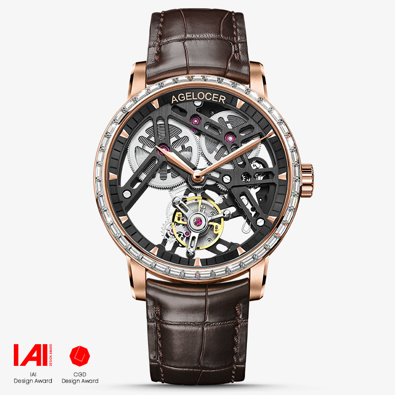 Agelocer flying tourbillon watch, black skeleton dial, rose gold case with zircon bezel, brown leather strap, front