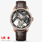 Agelocer Free-Sprung Tourbillon 9001F2 watch, black skeleton dial, diamond-set rose gold bezel, brown leather strap