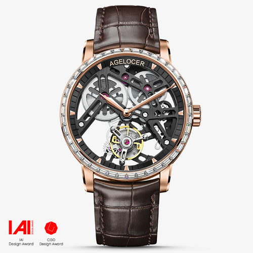 Agelocer Free-Sprung Tourbillon 9001F2 watch, black skeleton dial, diamond-set rose gold bezel, brown leather strap
