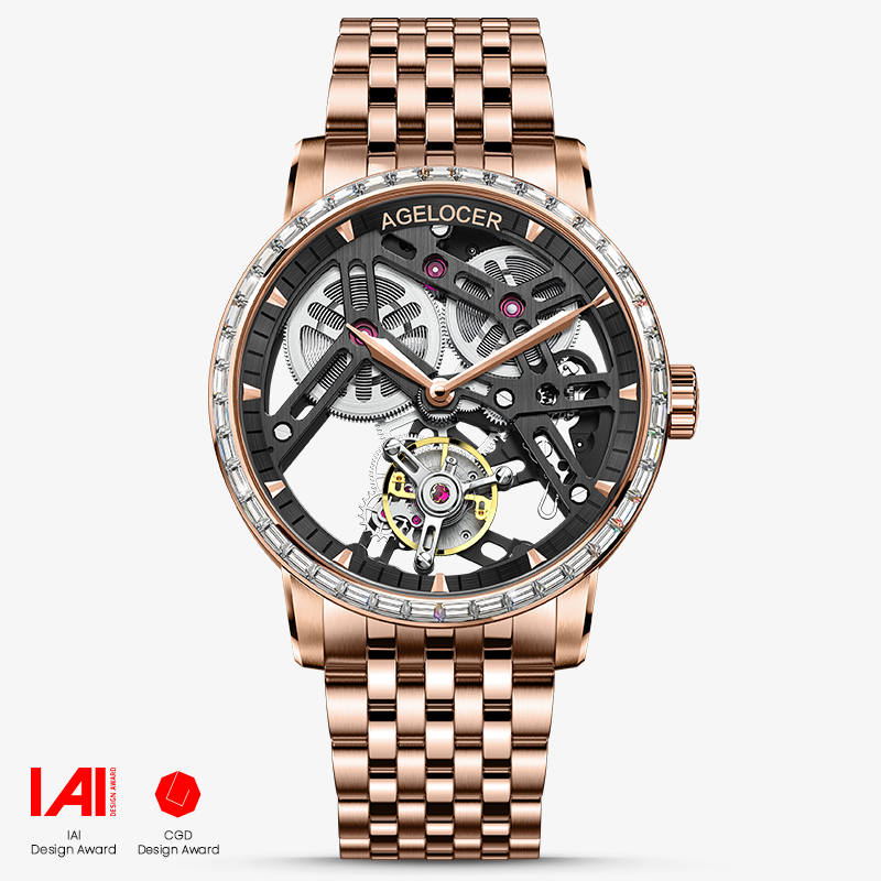 Agelocer Free-Sprung skeleton tourbillon watch, black dial, zircon-set bezel, rose gold case, steel bracelet, front