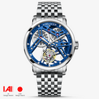 Agelocer flying tourbillon skeleton watch, steel case and bracelet with blue skeleton dial, front view