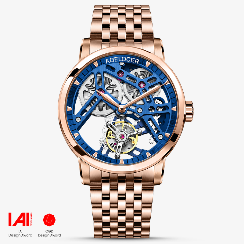 Agelocer Free-Sprung skeleton tourbillon watch, blue skeleton dial, rose gold case, steel bracelet, front