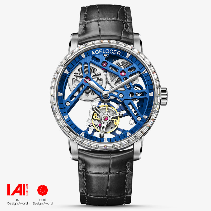 Agelocer flying tourbillon watch, blue skeleton dial, steel case with zircon-set bezel, black leather strap, front