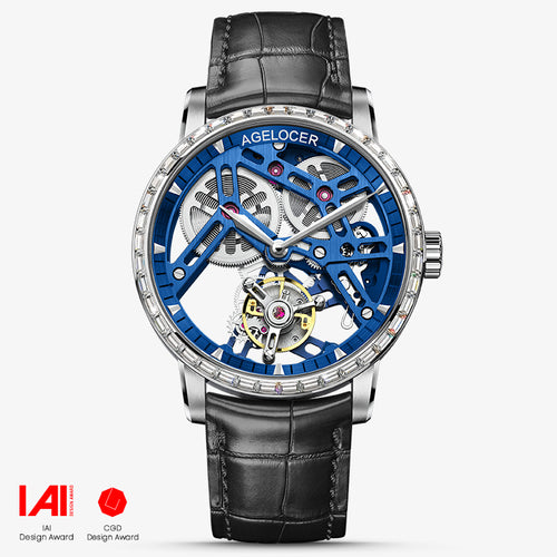 Agelocer free-sprung tourbillon watch, blue skeleton dial, diamond-set steel bezel, black leather strap, front