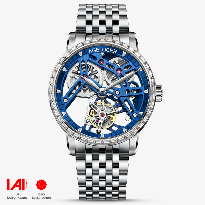 Agelocer flying tourbillon watch, steel case with zircon-set bezel and bracelet, blue skeleton dial, front view