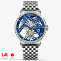 Agelocer Free-Sprung diamond tourbillon watch, blue skeleton dial, diamond bezel, steel case, steel bracelet, front