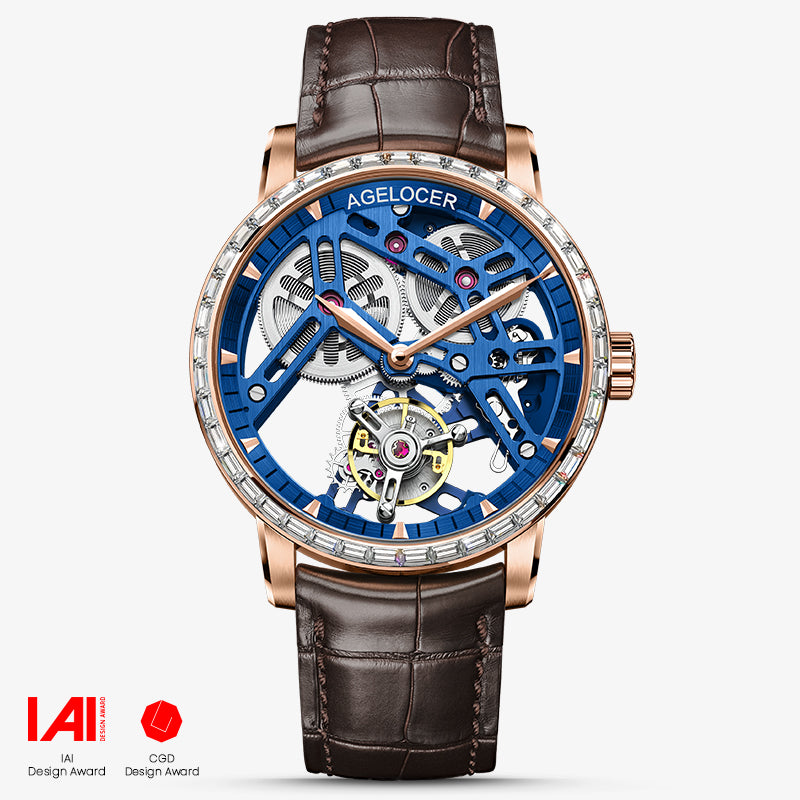 Agelocer Free-Sprung Tourbillon 9004F2 watch, blue skeleton dial, diamond-set rose gold bezel, brown leather strap