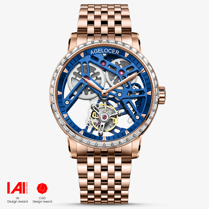 Agelocer free-sprung tourbillon diamond watch, rose gold bracelet, blue skeleton dial, diamond bezel, front