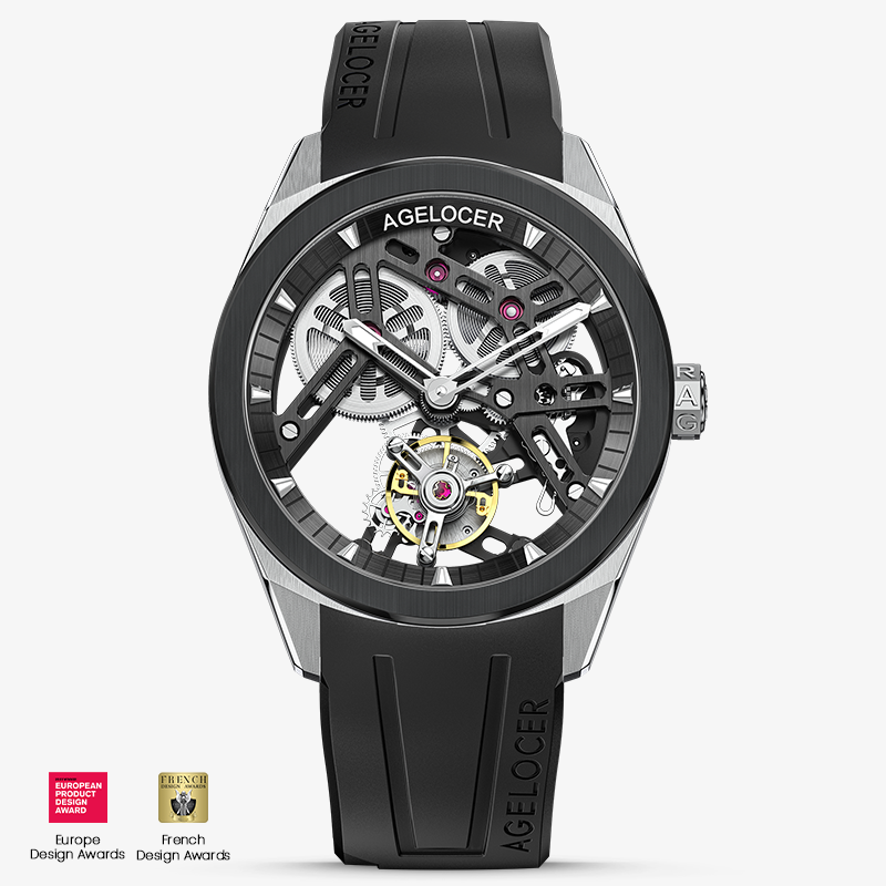 Agelocer Hollow Tourbillon 9101B1-R watch, black skeleton dial, black ceramic bezel, steel case, black rubber strap