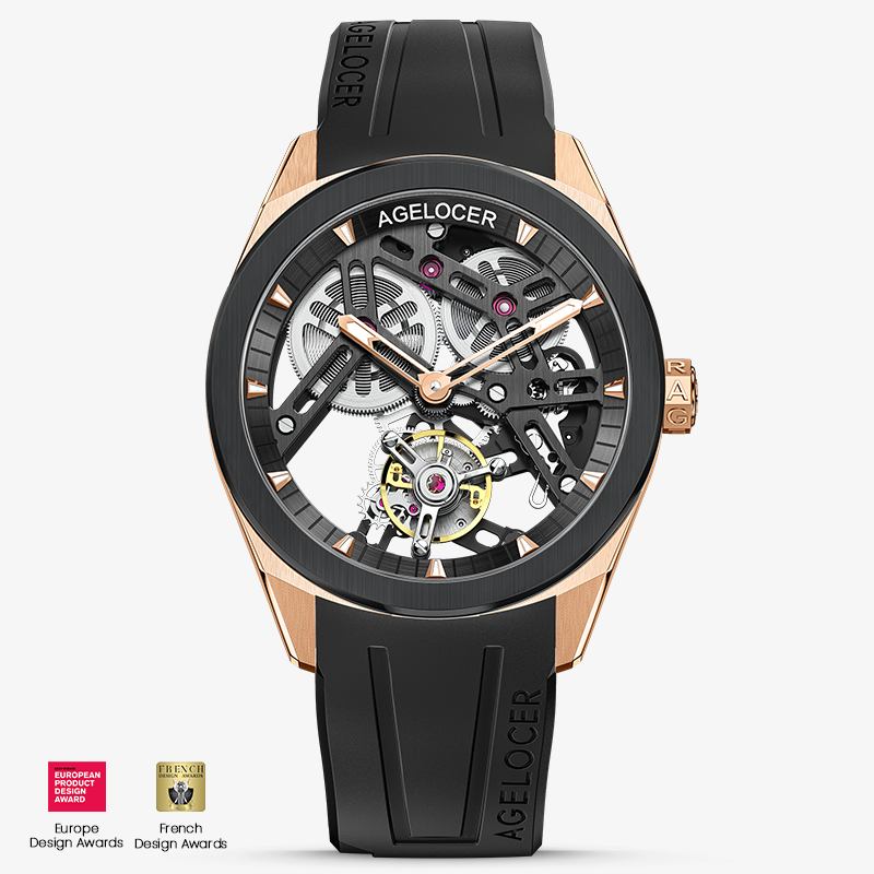 Agelocer Hollow Tourbillon 9101H1-R watch, black skeleton dial, black ceramic bezel, rose gold case, black rubber