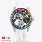 Agelocer Rainbow flying tourbillon watch, black skeleton dial, rainbow gem bezel, steel case, white rubber strap, front