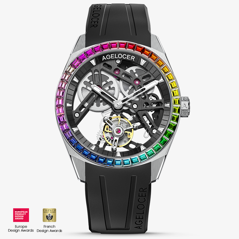 Agelocer Rainbow flying tourbillon watch, black skeleton dial, rainbow gem bezel, steel case, black rubber strap, front