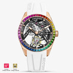 Agelocer rainbow tourbillon watch, rose gold case, black skeleton dial, gem-set rainbow bezel, white strap