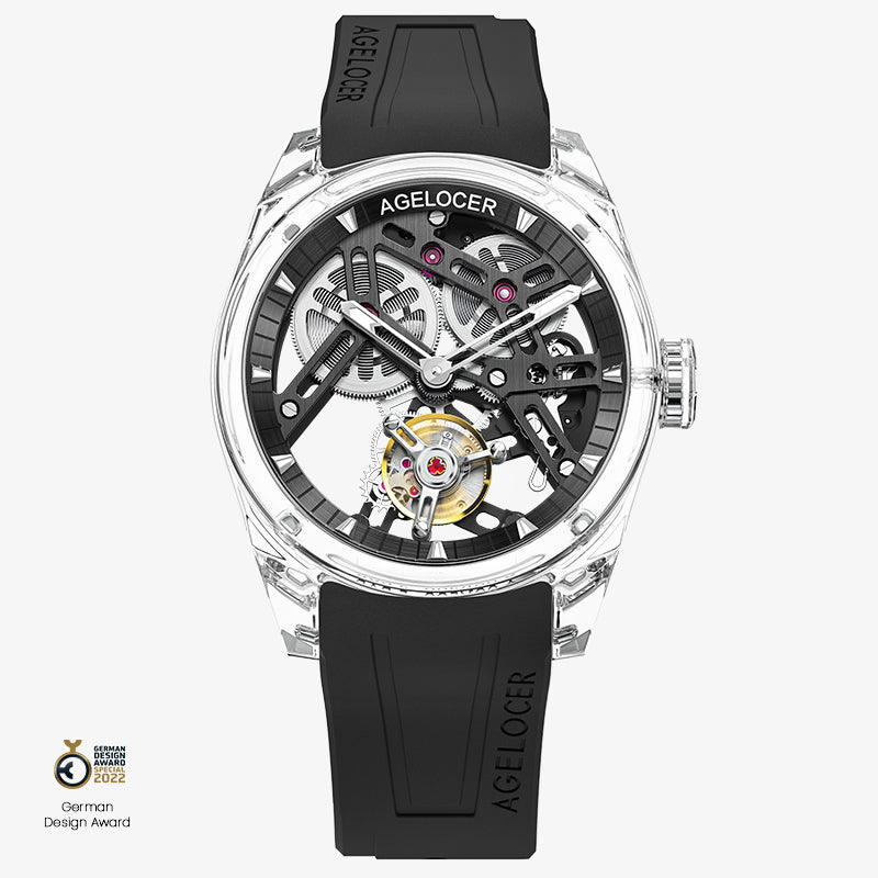 Agelocer Ice crystal tourbillon watch, transparent case with black skeleton movement and black rubber strap, front view