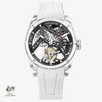 Agelocer Ice crystal tourbillon watch, clear crystal case, black skeleton movement, white rubber strap, front view