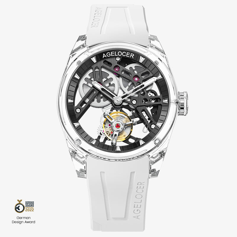 Agelocer Ice crystal tourbillon watch, clear crystal case, black skeleton movement, white rubber strap, front view