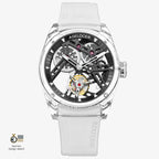 Agelocer Ice crystal tourbillon watch, transparent case with black skeleton movement and white rubber strap, front view
