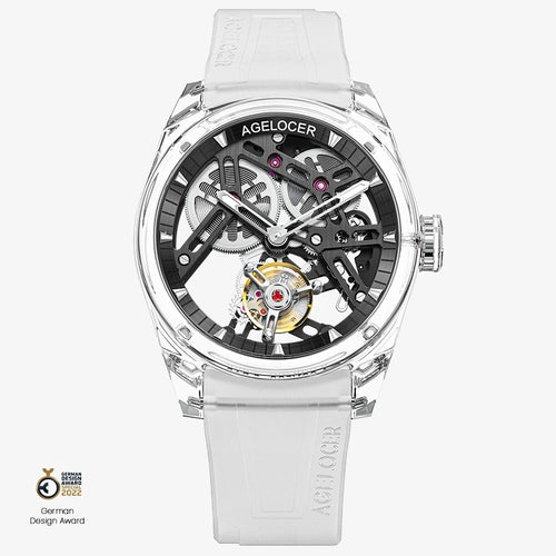 Agelocer Ice crystal tourbillon watch, transparent case with black skeleton movement and white rubber strap, front view