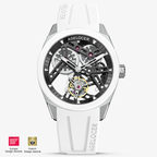 Agelocer Hollow Tourbillon 9101W10-R watch, black skeleton dial, white ceramic bezel, steel case, white rubber strap