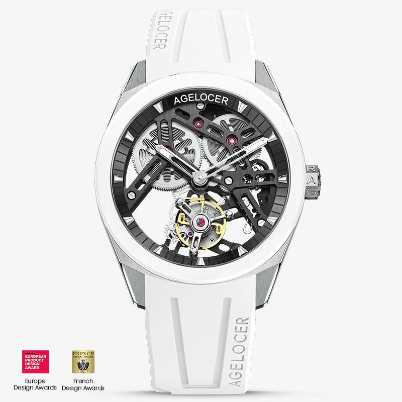 Agelocer Hollow Tourbillon 9101W10-R watch, black skeleton dial, white ceramic bezel, steel case, white rubber strap