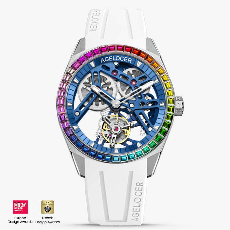 Agelocer Rainbow flying tourbillon watch, blue skeleton dial, rainbow gem bezel, steel case, white rubber strap, front