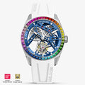Agelocer rainbow bezel tourbillon skeleton watch, gem-set bezel, blue openwork dial, white rubber strap, front