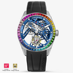 Agelocer Rainbow flying tourbillon watch, blue skeleton dial, rainbow gem bezel, steel case, black rubber strap, front