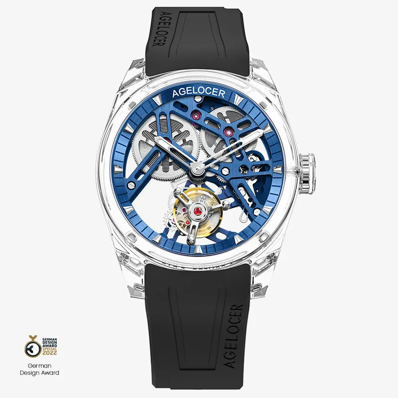 Agelocer Ice crystal tourbillon watch, transparent case with blue skeleton movement and black rubber strap, front view