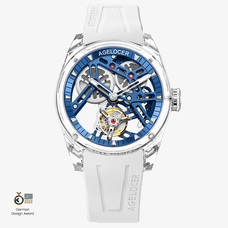 Agelocer Ice crystal tourbillon watch, clear crystal case, blue skeleton movement, white rubber strap, front view
