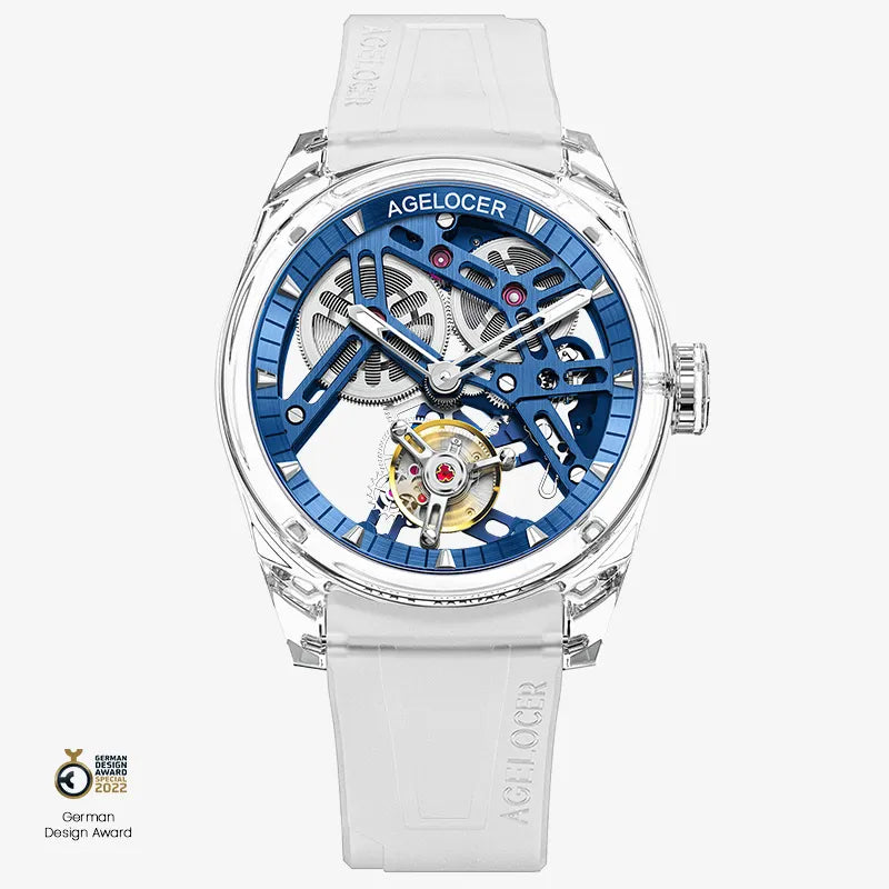 Agelocer Ice crystal tourbillon watch, transparent case with blue skeleton movement and white rubber strap, front view