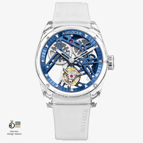 Agelocer Ice crystal tourbillon watch, transparent case with blue skeleton movement and white rubber strap, front view