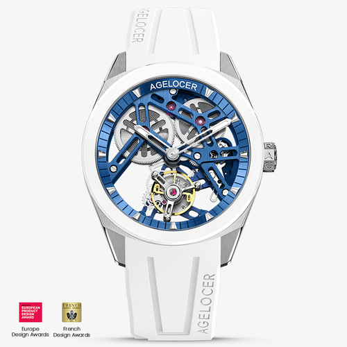 Agelocer Hollow Tourbillon 9104W10-R watch, blue skeleton dial, white ceramic bezel, steel case, white rubber strap