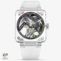 Agelocer skeleton tourbillon watch, transparent sapphire crystal square case, black movement, rainbow indices