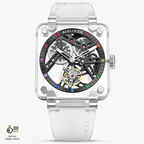 Agelocer skeleton tourbillon watch, transparent sapphire crystal square case, black movement, rainbow indices