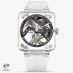 Agelocer Sapphire Tourbillon transparent square case, black skeleton dial, white rubber strap