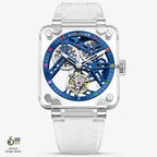 Agelocer skeleton tourbillon watch, transparent sapphire crystal square case, blue movement, rainbow gem indices