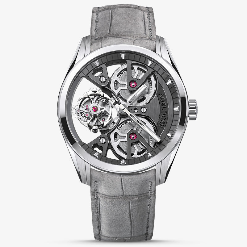 Agelocer 3D-Manta flying tourbillon watch, silver steel case with black skeleton dial and grey suede strap, front view