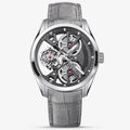 Agelocer 3D-Manta flying tourbillon watch, silver steel case with black skeleton dial and grey suede strap, front view