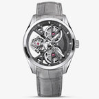 Agelocer 3D-Manta flying tourbillon watch, silver steel case with black skeleton dial and grey suede strap, front view