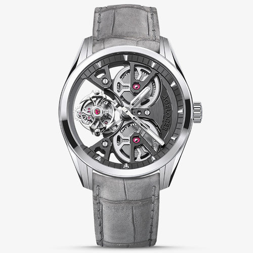 Agelocer 3D-Manta flying tourbillon watch, silver steel case with black skeleton dial and grey suede strap, front view