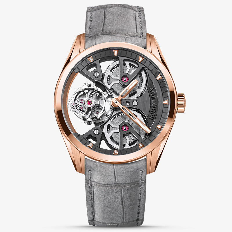 Agelocer 3D-Manta flying tourbillon watch, rose gold case with black skeleton dial and grey suede strap, front view