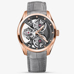 Agelocer 3D-Manta flying tourbillon watch, rose gold case with black skeleton dial and grey suede strap, front view