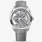Agelocer 3D-Manta flying tourbillon watch, silver case with grey skeleton dial and grey suede strap, front view