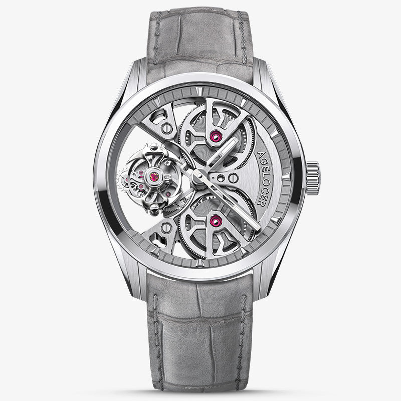 Agelocer 3D-Manta flying tourbillon watch, silver case with grey skeleton dial and grey suede strap, front view