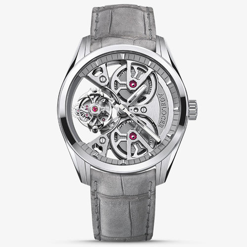 Agelocer 3D-Manta flying tourbillon watch, silver case with grey skeleton dial and grey suede strap, front view