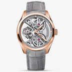 Agelocer 3D-Manta flying tourbillon watch, rose gold case with grey skeleton dial and grey suede strap, front view