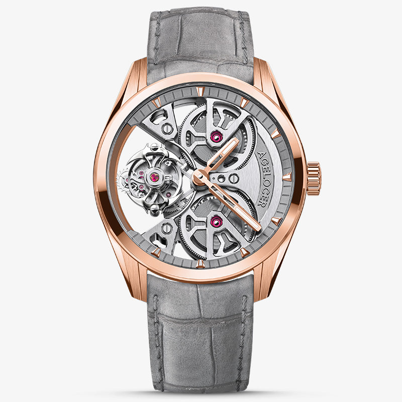 Agelocer 3D-Manta flying tourbillon watch, rose gold case with grey skeleton dial and grey suede strap, front view
