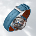 Caseback of Agelocer Astronomer aventurine moonphase watch showing 80-hour power reserve, blue leather strap