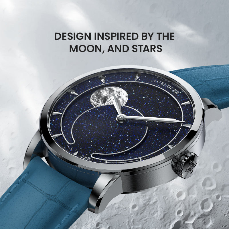 Agelocer Astronomer aventurine moonphase watch design inspired by the moon and stars, blue dial, angled view